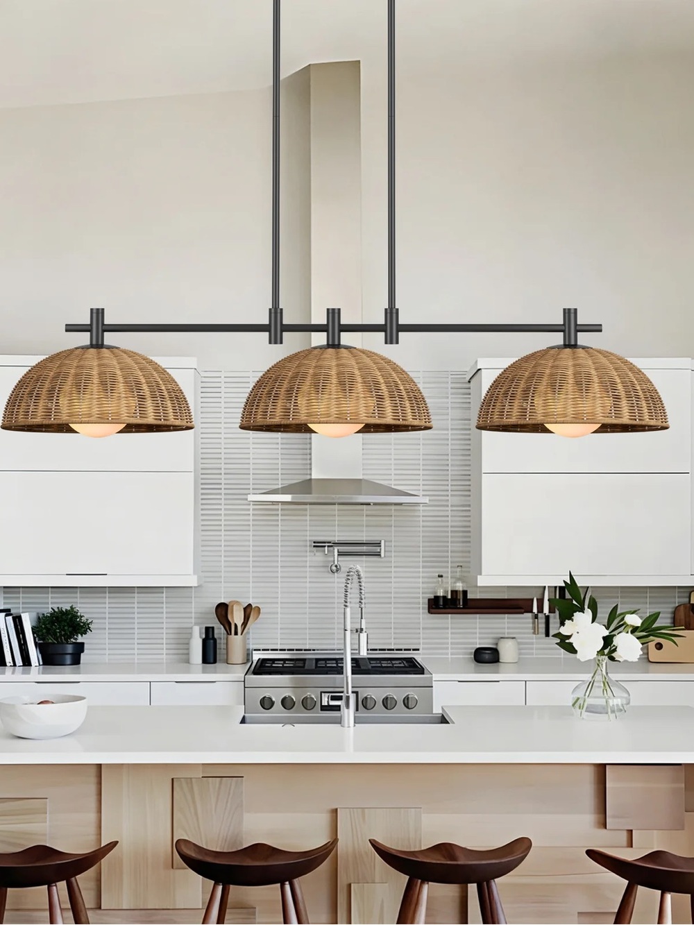 4modernhome Radiant 41"w Modern Dome Linear Pendant With Hand-woven Rattan Shade